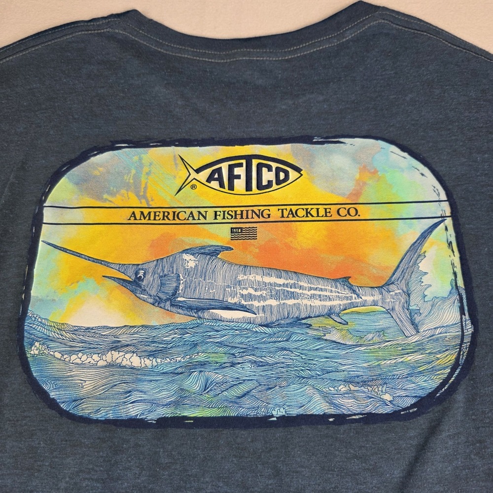 AFTCO Shirt Mens Large Blue Graphic Print Short Sleeve Cotton Polyester Marlin